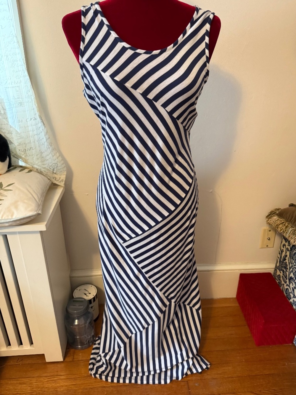 NY Collection Wms Blue White Striped Sleeveless Long Dress Size Med